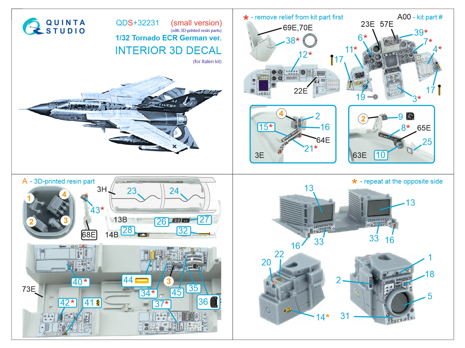 Tornado ECR German 3D-Printed & coloured Interior on decal paper (Italeri) (Small version) (with 3D-printed resin parts)