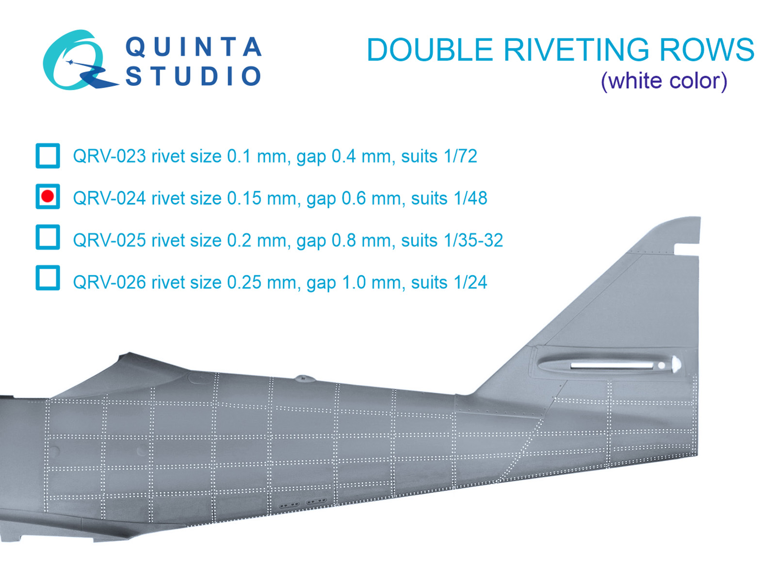 Double riveting rows (rivet size 0.15 mm, gap 0.6 mm, suits 1/48 scale), White color, total length 6.2 m/20 ft