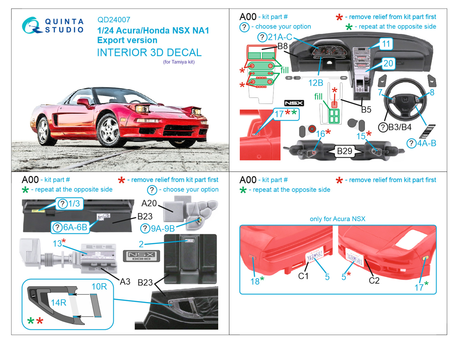 Acura-Honda NSX NA1 Export version 3D-Printed & coloured Interior on decal paper (Tamiya)