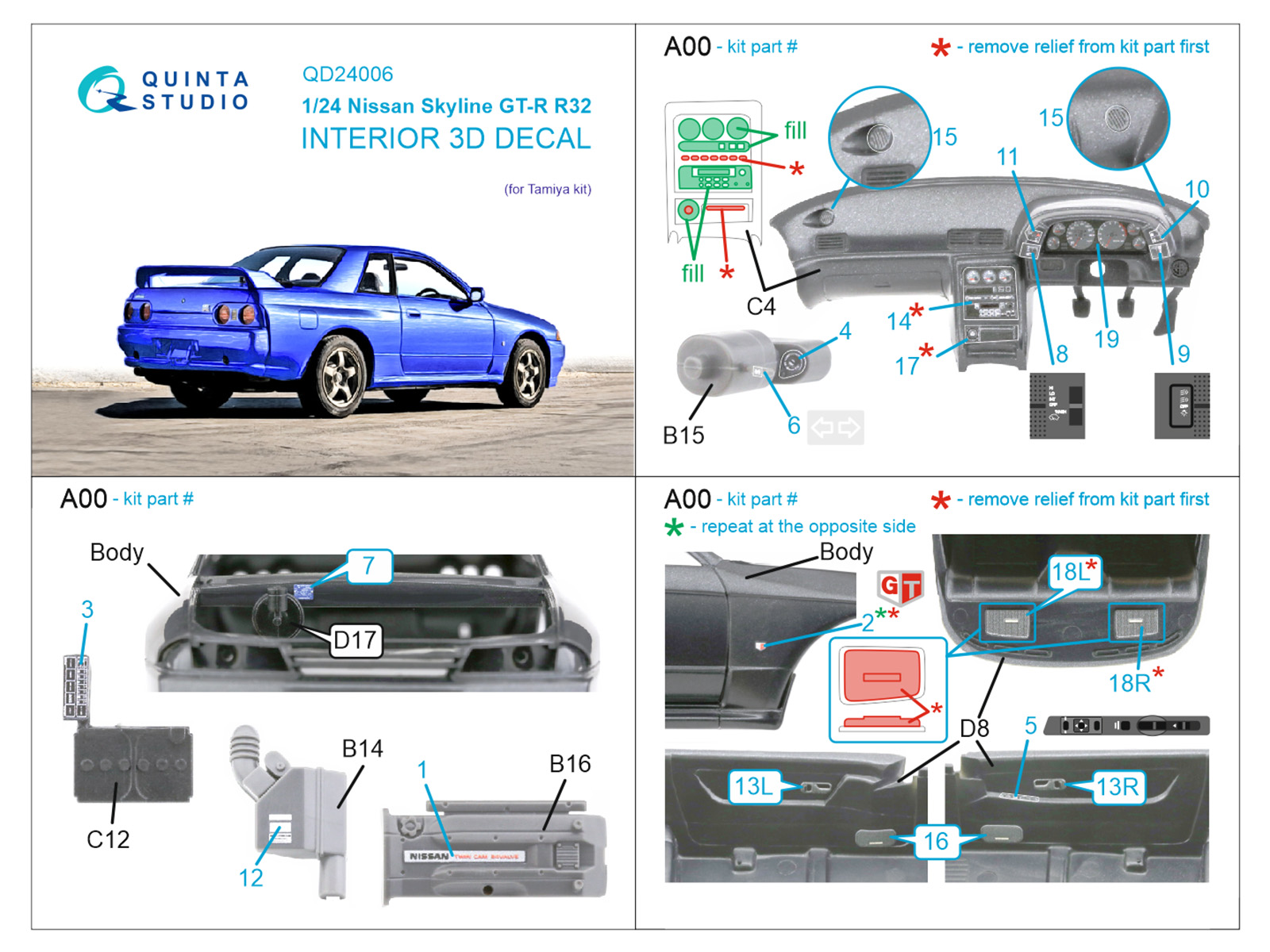 Nissan Skyline GT-R R32 3D-Printed & coloured Interior on decal paper (Tamiya)