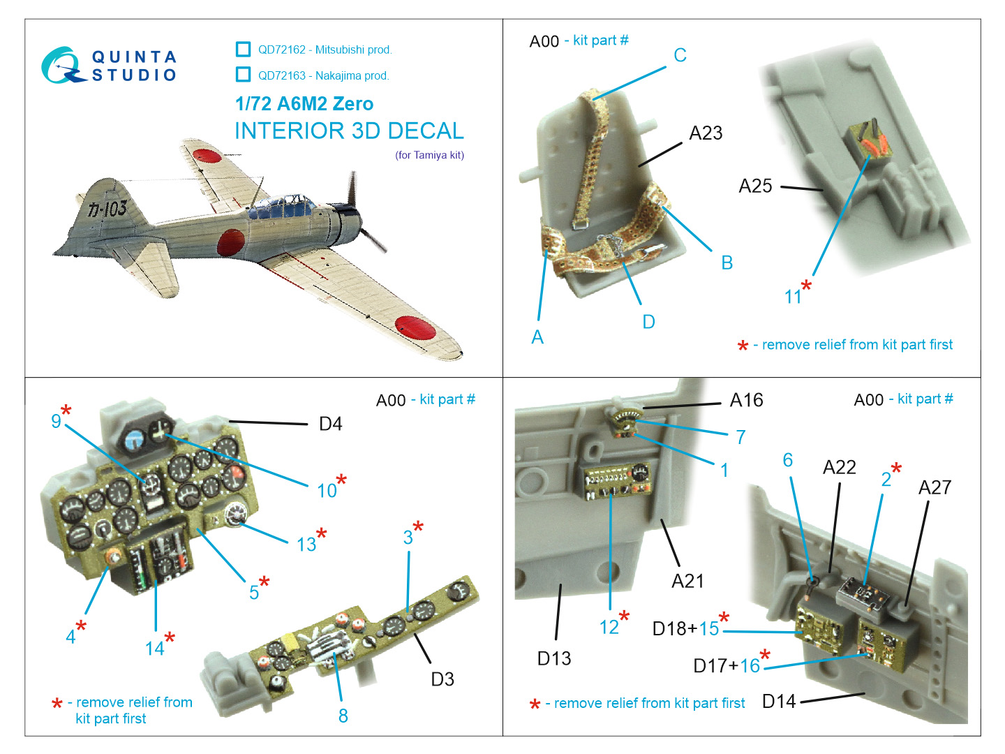 A6M2 Zero (Mitsubishi Prod.) 3D-Printed & coloured Interior on decal paper (Tamiya)