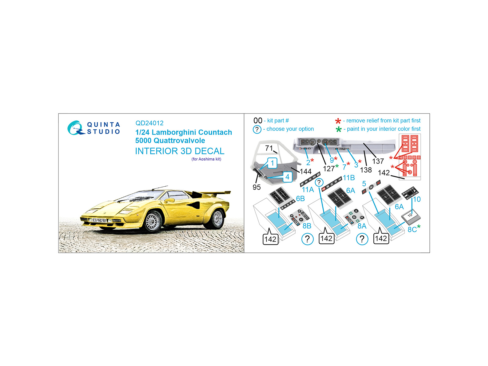 Lamborghini Countach 5000 QV 3D-Printed & coloured Interior on decal paper (Aoshima)