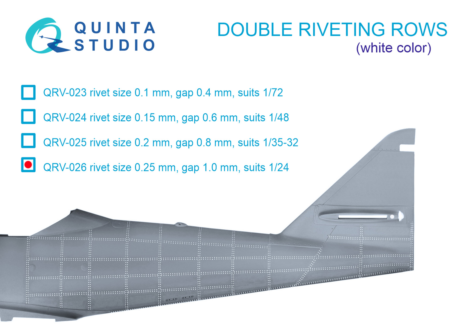 Double riveting rows (rivet size 0.25 mm, gap 1.0 mm, suits 1/24 scale), White color, total length 5,8 m/19 ft