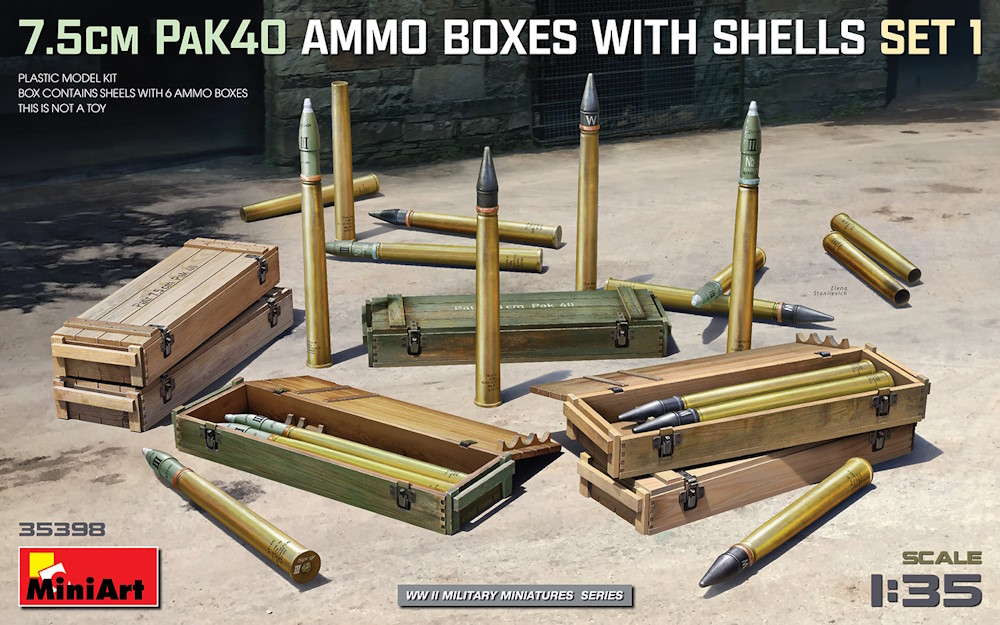 7,5 cm PAK40 Ammo Boxes With Shells Set 1 - Kisten mit Munition - MiniArt 35398 7,5 cm PAK40 Ammo Boxes With Shells Set 1 - Kisten mit Munition - MiniArt 35398