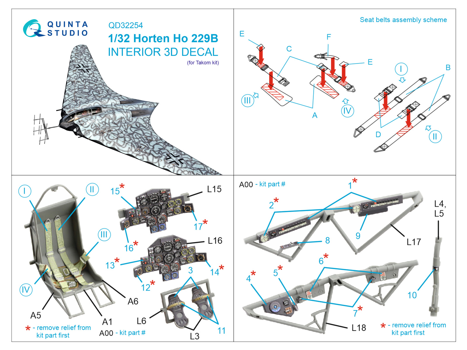 Horten Ho 229B 3D-Printed & coloured Interior on decal paper (Takom)