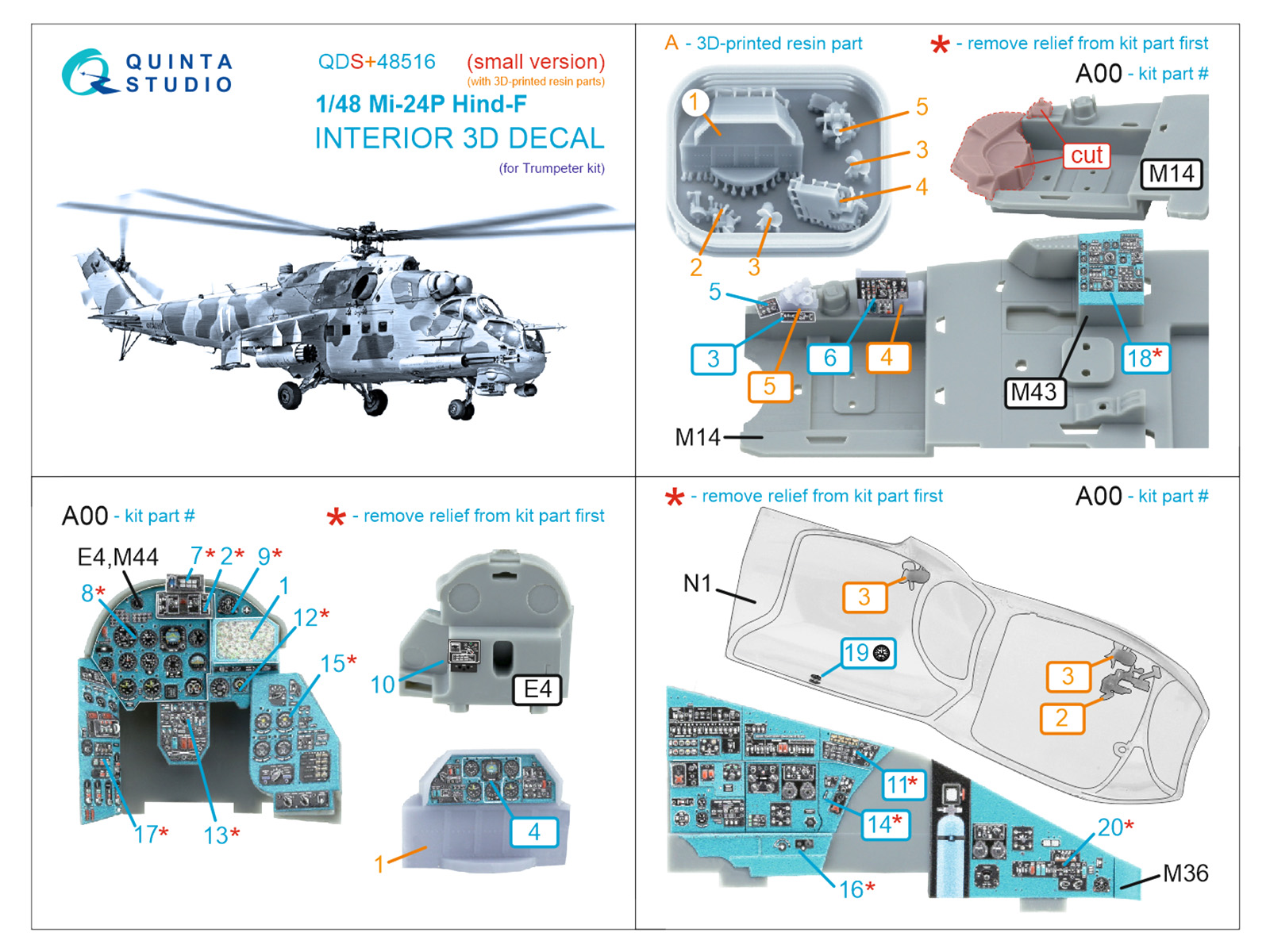 Mi-24P Hind-F 3D-Printed & coloured Interior on decal paper (Trumpeter) (small version) (with 3D-printed resin parts)