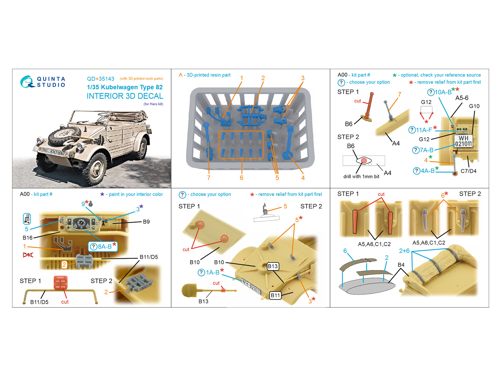 Kubelwagen Type 82 3D-Printed & coloured Interior on decal paper (Hero) (with 3D-printed resin parts)
