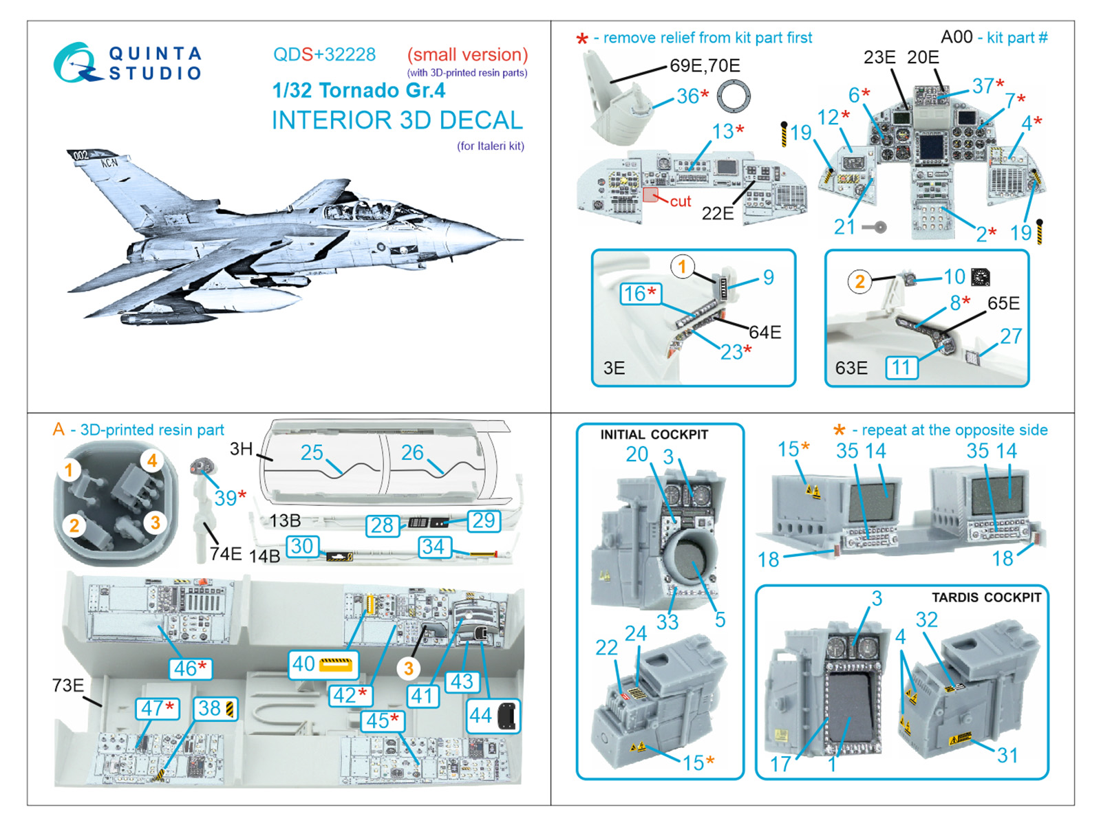 Tornado Gr.4 3D-Printed & coloured Interior on decal paper (Italeri) (Small version) (with 3D-printed resin parts)