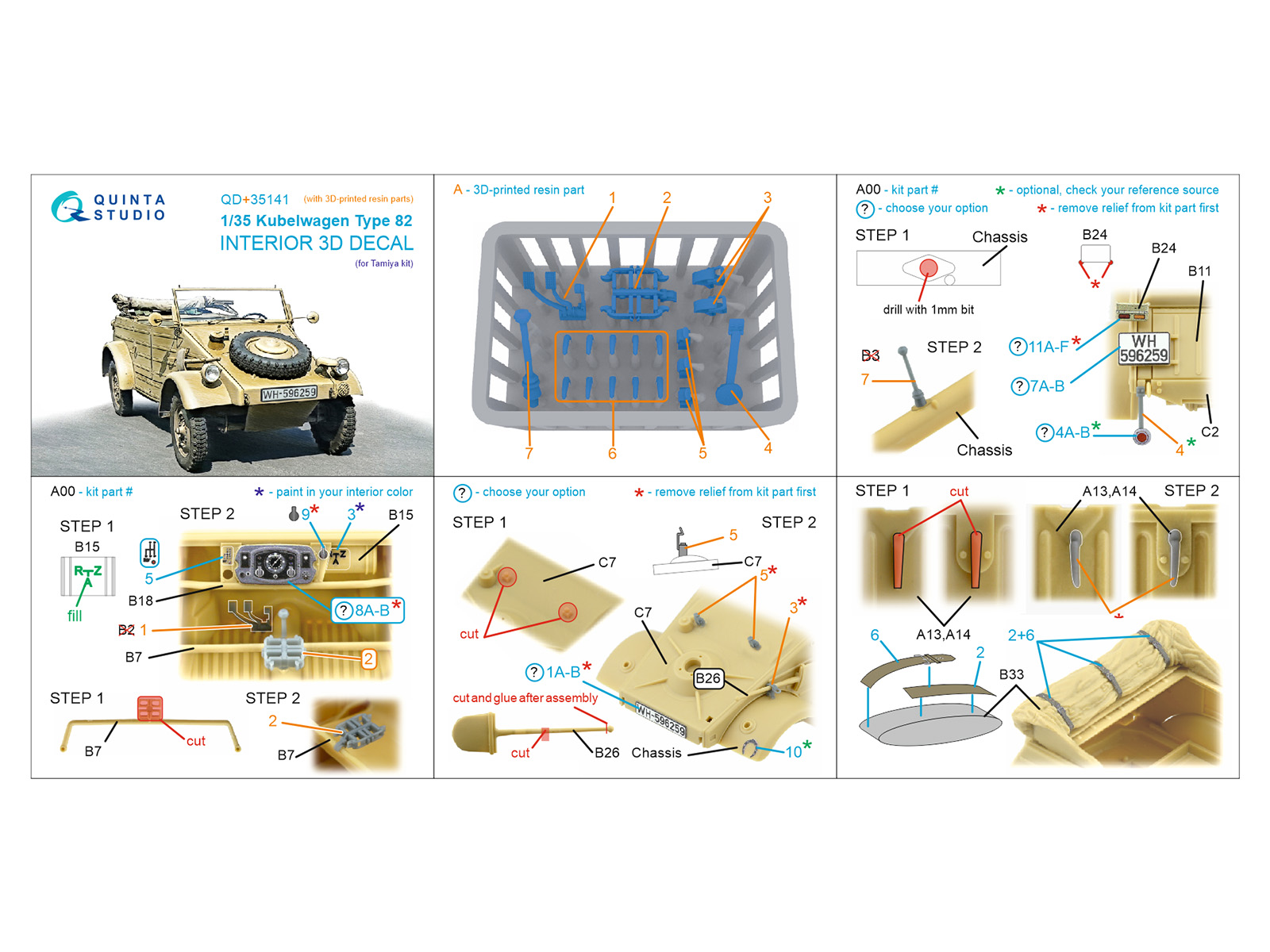 Kubelwagen Type 82 3D-Printed & coloured Interior on decal paper (Tamiya) (with 3D-printed resin parts)
