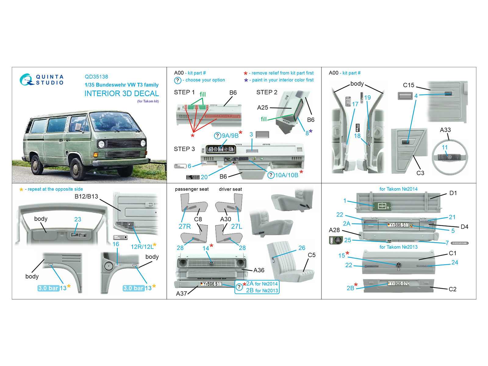Bundeswehr VW T3 Family 3D-Printed & coloured Interior on decal paper (Takom)