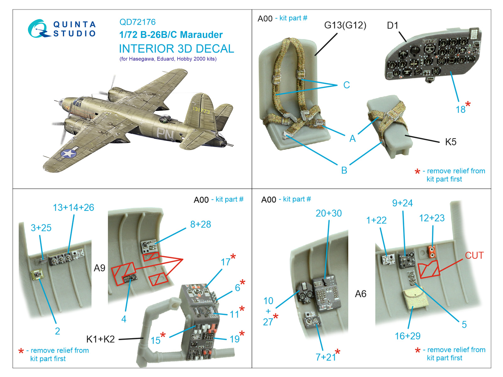 B-26B Marauder 3D-Printed & coloured Interior on decal paper (Hasegawa/ Eduard/ Hobby2000)