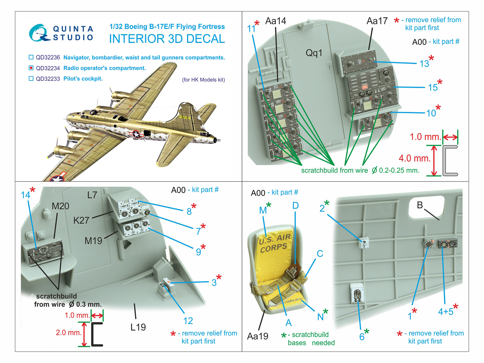 Boeing B-17E/F Radio operator's compartment. 3D-Printed & coloured Interior on decal paper (HK models)